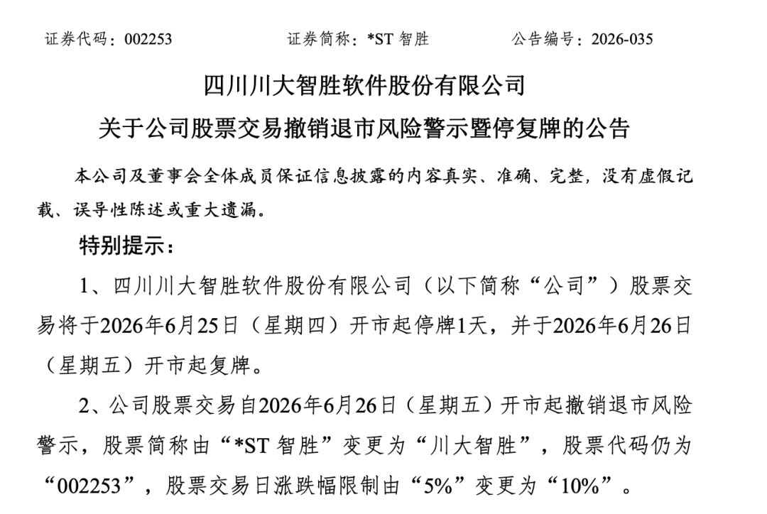 *ST智胜脱星摘帽!6月26日开市起复牌